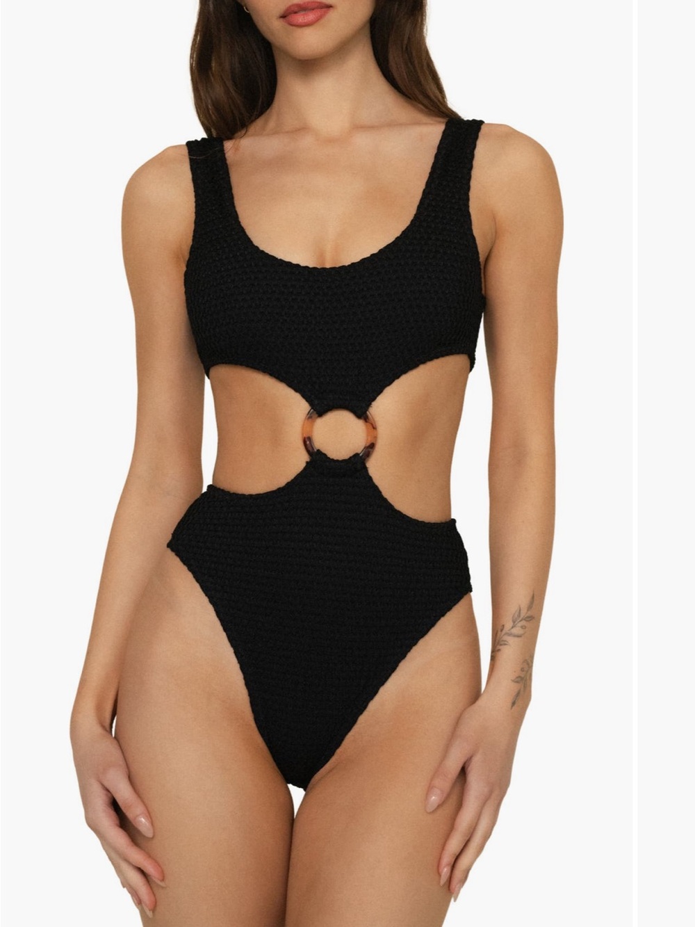 Montce Black Textured Swim One-Piece with Cutout Ring Detail